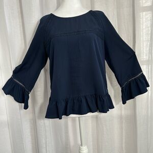 A New Day Navy Blouse with Ruffle Details